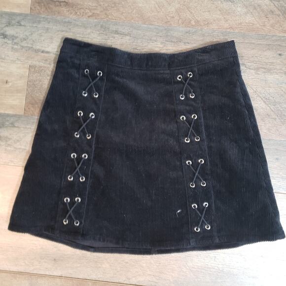 Grommets Lace Up Corduroy Zip Rib Black A-Line Mini Skirt Grunge Goth Witchy S - Picture 3 of 12